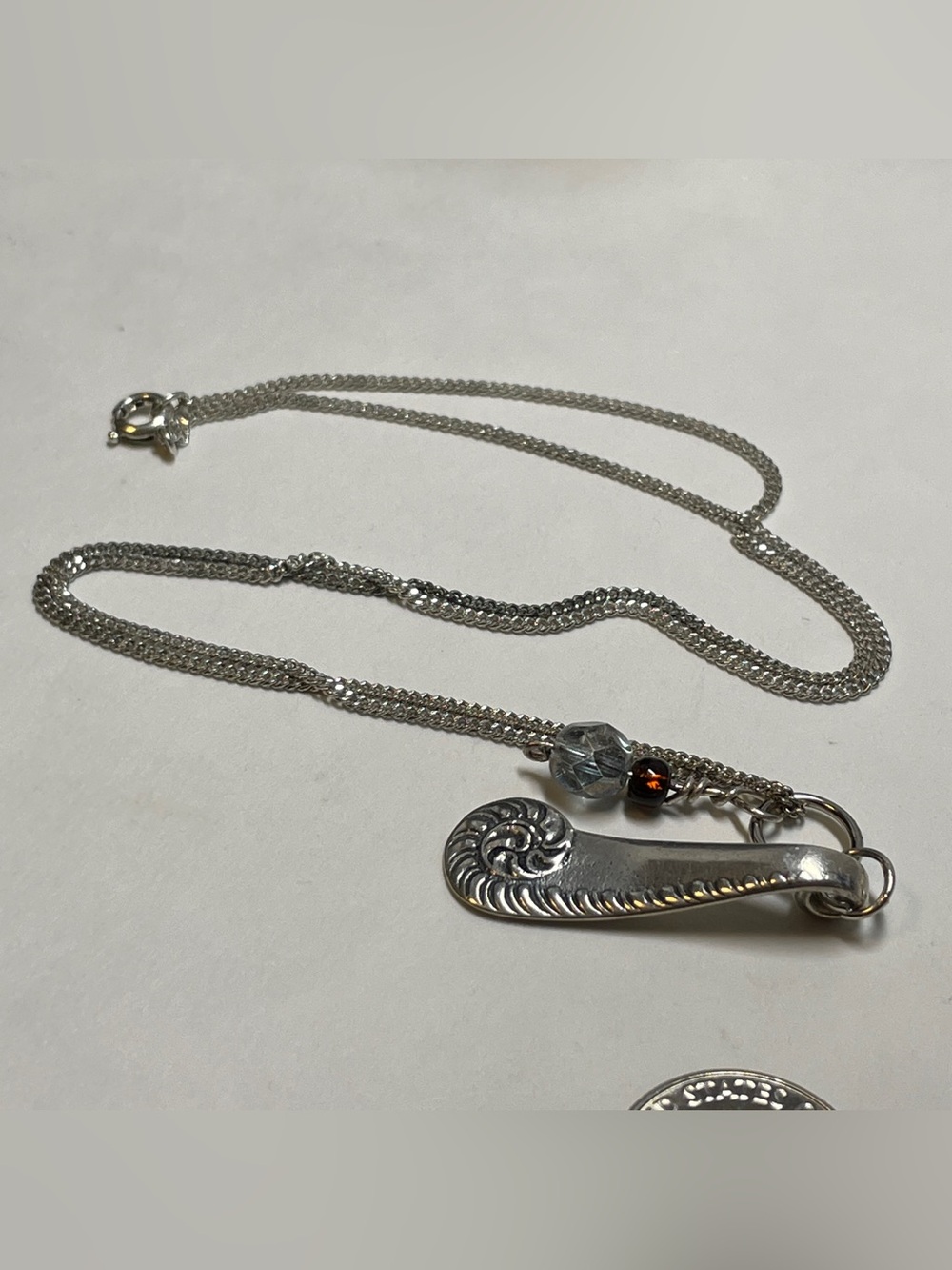 Source Unknown Silver Wave Spoon Charm Necklace with Clear and Black Beads